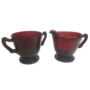 Red Depression Glass Sugar & Creamer Set Anchor Hocking MCM Vintage